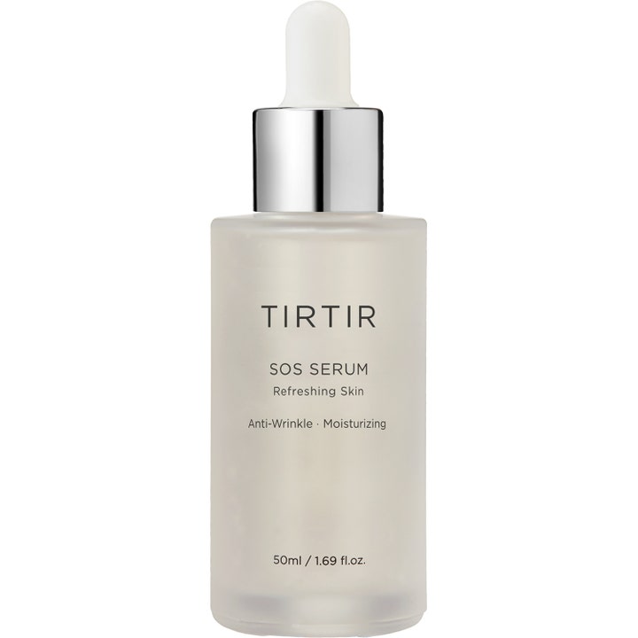 TIRTIR SOS Serum 50 ml kosteuttava seerumi huurteisessa lasipullossa, jossa on hopeinen korkki ja pipetti.