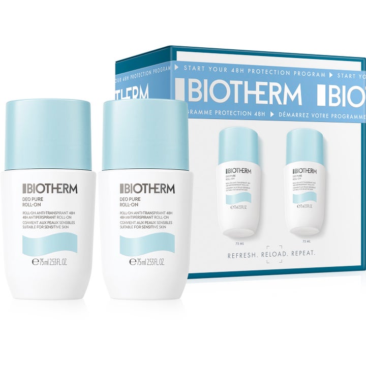 Biotherm Deo Pure Roll-On 2 x 75 ml antiperspirantti ehkäisee hikoilua ja antaa raikkautta kahdessa vaaleansinisessä pullossa.