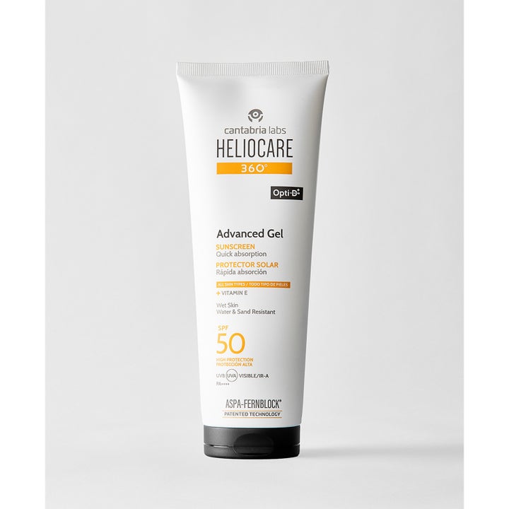 Heliocare Advanced Gel SPF 50 250 ml suojaava aurinkovoide on valkoinen tuubi tyylikkäällä mustalla korkilla.