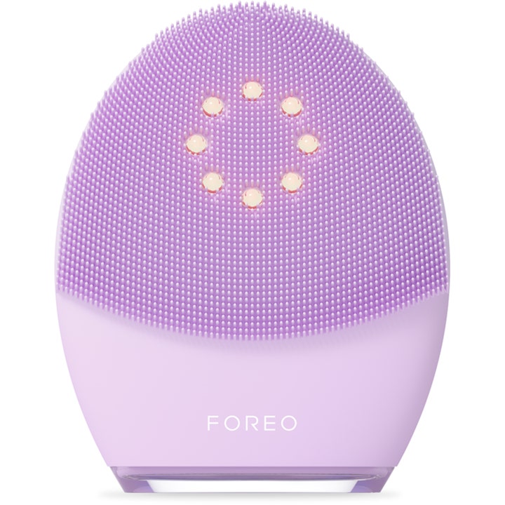 FOREO LUNA 4 plus Sensitive Skin 1 kpl syväpuhdistava lila kasvojenpuhdistuslaite silikoniharjaksilla ja LED-valoilla.