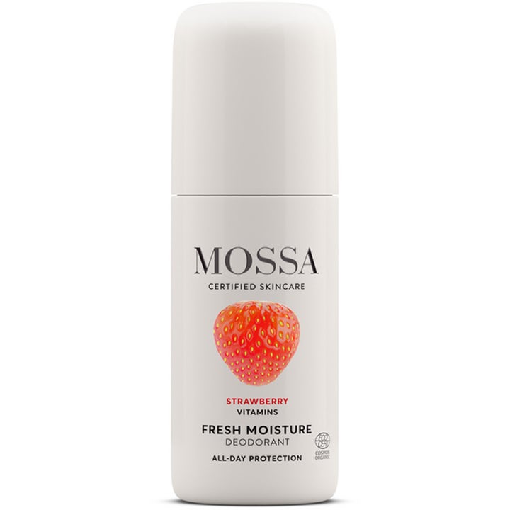 Mossa Strawberry Vitamins Fresh Moisture Deodorant 50 ml kosteuttava deodorantti valkoisessa roll-on-pullossa mansikan kuvalla.
