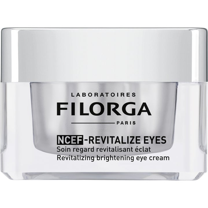 Filorga NCEF-Revitalize Eyes 15 ml kirkastava silmänympärysvoide hopeisessa purkissa jossa on läpinäkyvä ulkokuori.