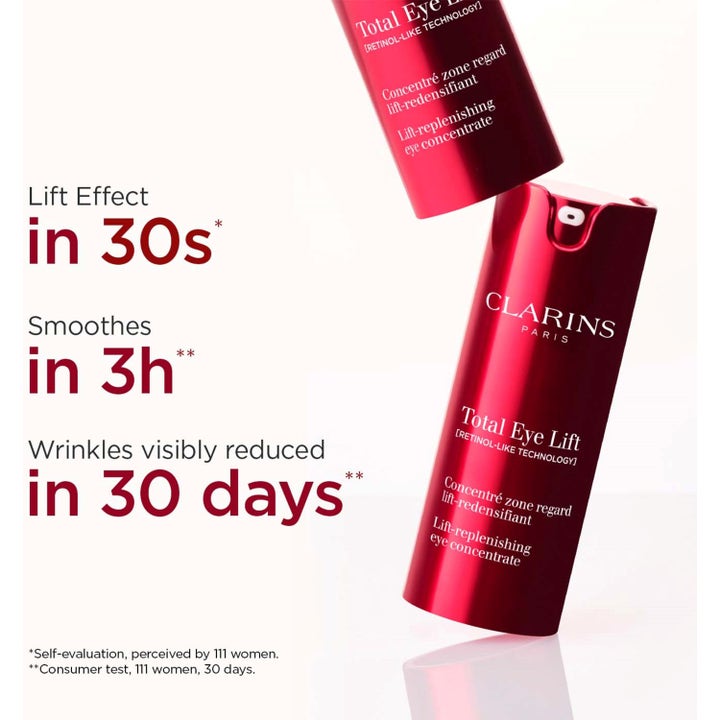 Clarins Total Eye Lift 15 ml silmänympärysvoide punaisessa pullossa silottaa ryppyjä ja kohottaa katsetta.