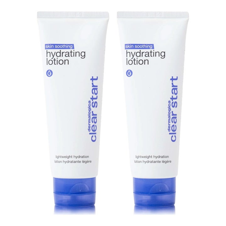 Dermalogica Clear Start Skin Soothing Hydrating Lotion rauhoittava kosteusvoide kaksi valkoista tuubia sinisillä korkeilla