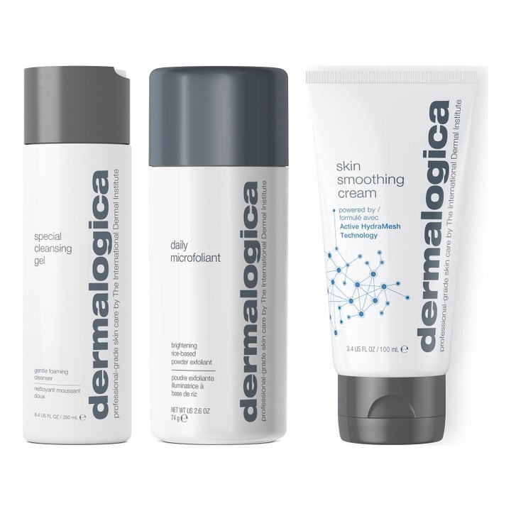 Dermalogica Special Cleansing Gel 250 ml kirkastava ja kosteuttava ihonhoitosetti valkoisissa harmaakorkkisissa pakkauksissa