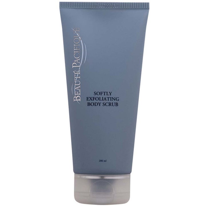 Beauté Pacifique Softly Exfoliating Body Scrub 200 ml pehmentävä vartalokuorinta harmaansinisessä tuubissa hopeisella tekstillä