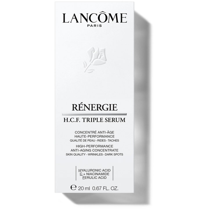 Lancôme Rénergie HCF Triple Serum 20 ml silottava anti-aging-seerumi valkoisessa pakkauksessa, jossa on hyaluronihappoa.