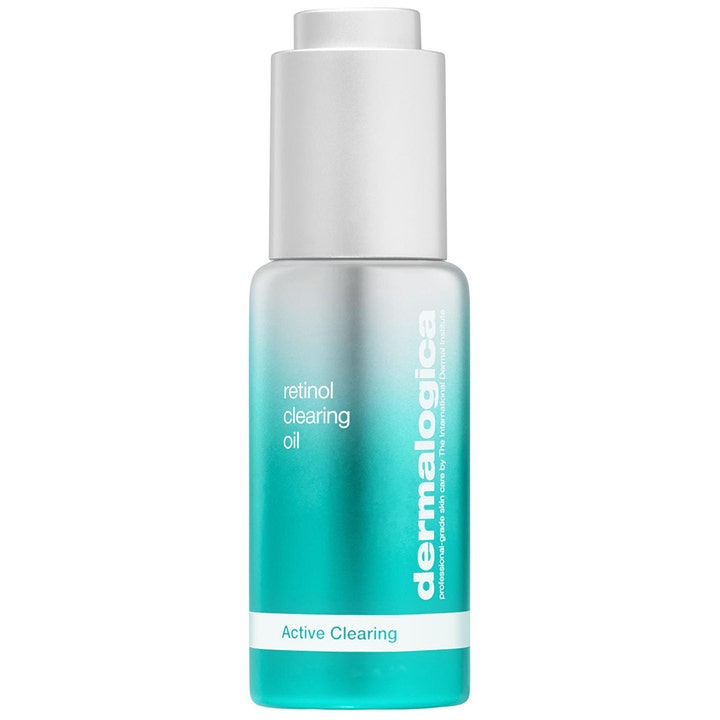 Dermalogica Retinol Clearing Oil 30 ml kirkastava kasvoöljy hopeisessa ja turkoosissa pipettipullossa