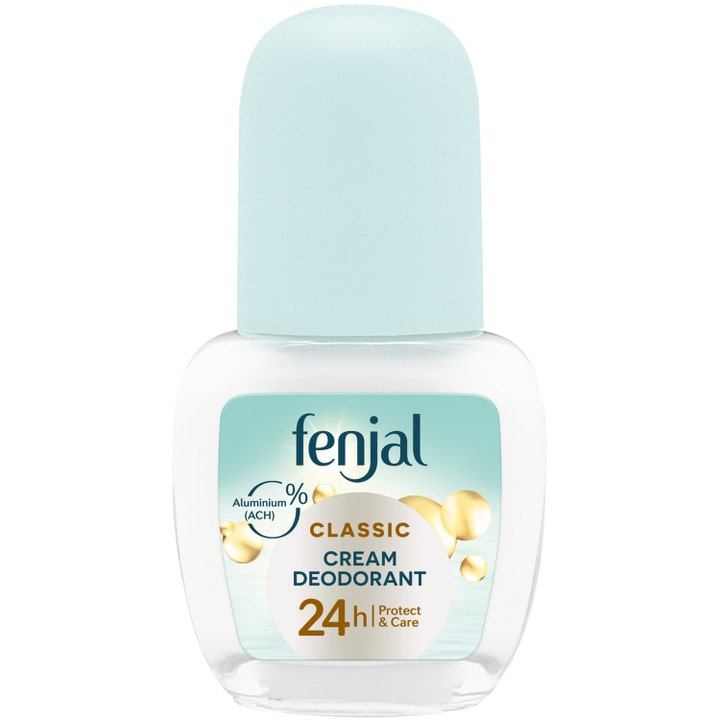 Fenjal Classic Cream Deodorant 50 ml 24h suojaa antava roll-on-deodorantti kirkkaassa lasipullossa, jossa on vaaleansininen korkki.