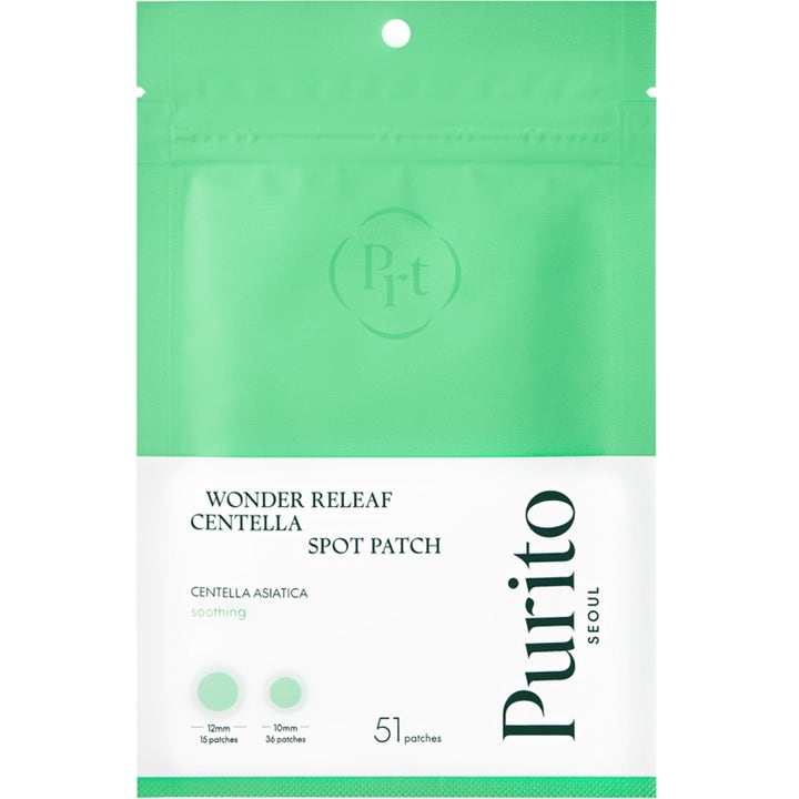 Purito Wonder Releaf Centella Spot Patch 51 kpl rauhoittava finnilaastari vihreässä ja valkoisessa pussissa