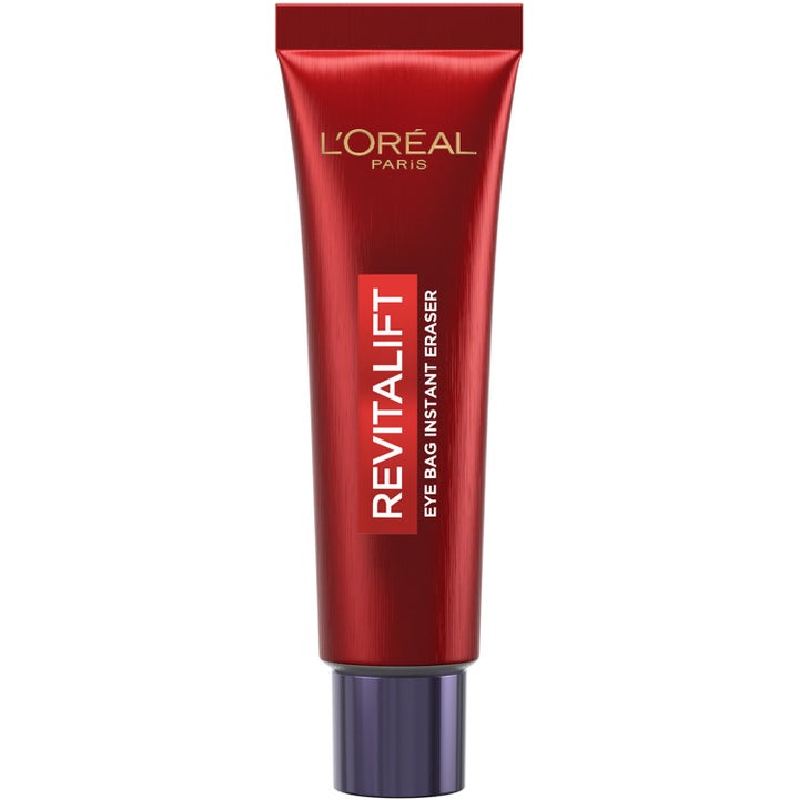 L'Oréal Paris Revitalift Eye Bag Instant Eraser silmänympärysvoide silmäpusseille punaisessa hohtavassa tuubissa.
