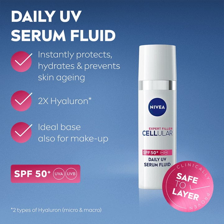 NIVEA Cellular Expert Filler Daily UV Fluid 30 ml täyttävä SPF50 seerumi hyaluronihapolla valkoisessa pullossa.