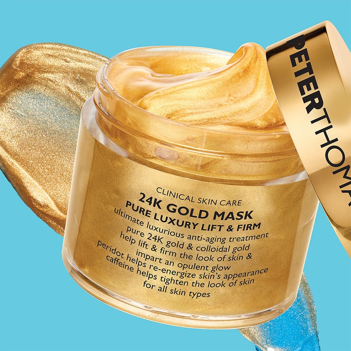 Peter Thomas Roth 24K Gold Mask 50 ml kiinteyttävä kasvonaamio, jossa on hohtava kultainen koostumus ja kultakansi.