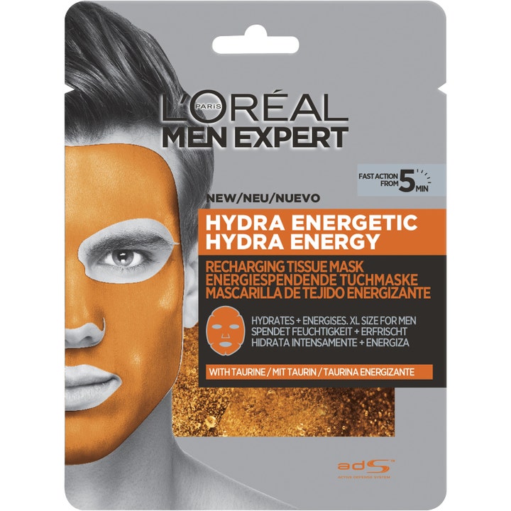 L'Oréal Men Expert Hydra Energetic 1 kpl virkistävä kangasnaamio harmaassa pakkauksessa jossa oranssi maski miehen kasvoilla