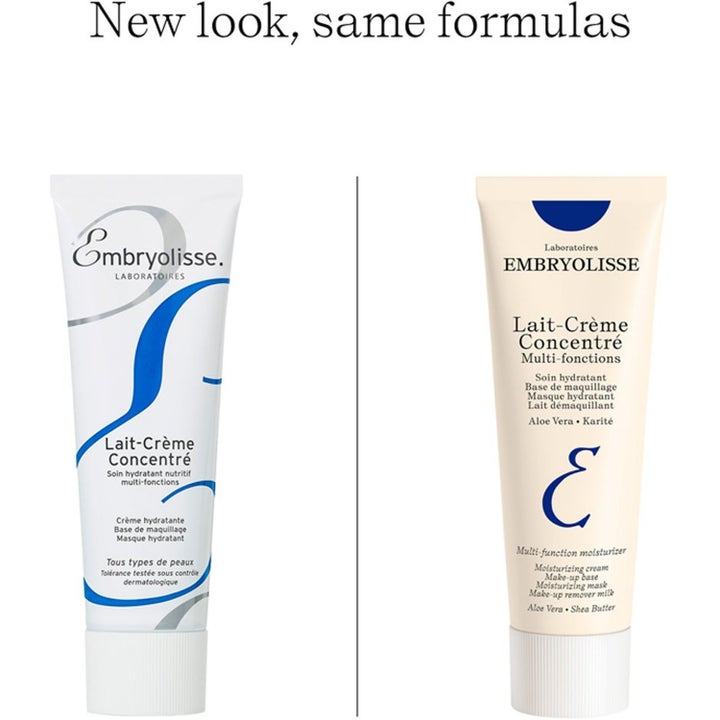 Embryolisse Lait-Crème Concentré 2x 75 ml kosteusvoide vertailukuvassa uusi beige ja vanha valkoinen tuubi