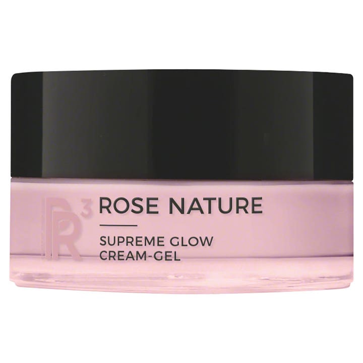 Rose Nature Supreme Glow Cream-Gel 50 ml hehkua antava kasvovoide vaaleanpunaisessa purkissa mustalla korkilla.
