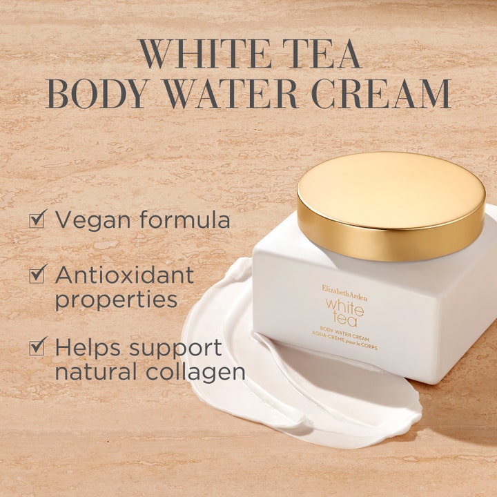 Elizabeth Arden White Tea Body Water Cream 225 ml vegaaninen vartalovoide valkoisessa purkissa kultaisella korkilla.