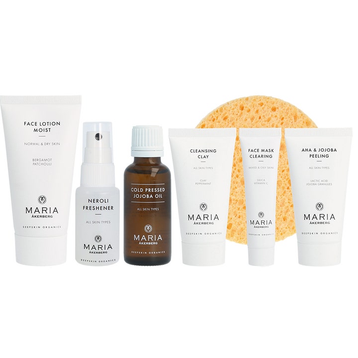 Maria Åkerberg Starter Set Moist kosteuttava ihonhoitosetti valkoisissa tuubeissa keltaisella sienellä