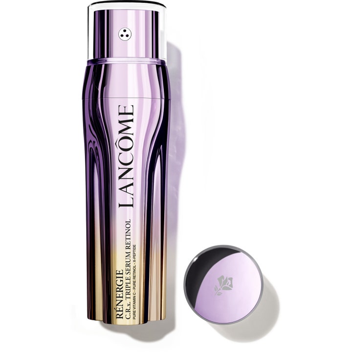 Lancôme Rénergie C.R.X. Triple Serum Retinol silottava kasvoseerumi liilassa ja kultaisessa metallinhohtoisessa pullossa.
