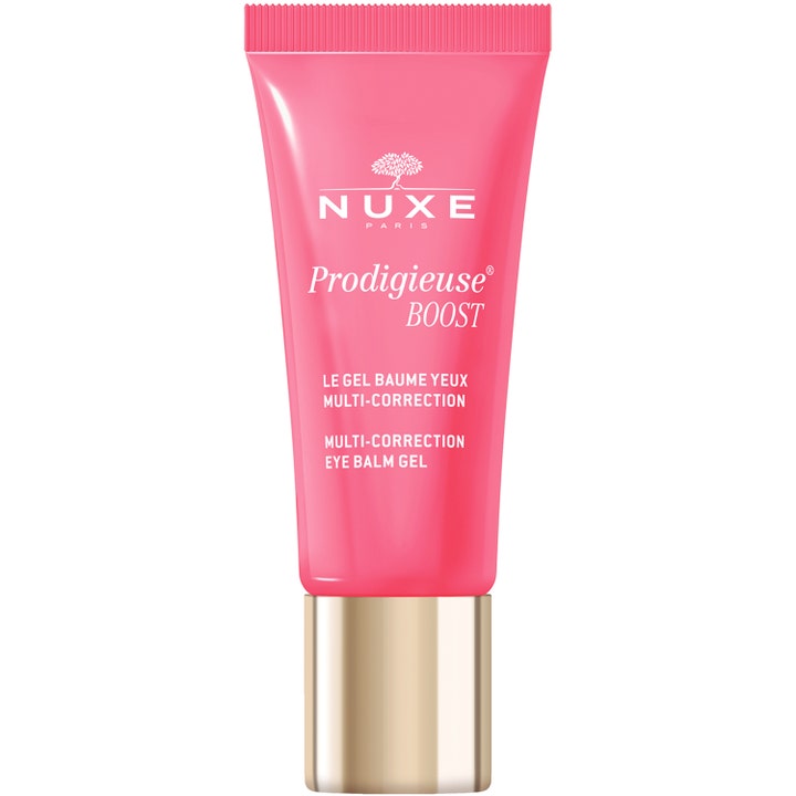 Nuxe Prodigieuse Boost Multi-Correction Eye Balm Gel kirkastava silmänympärysgeeli vaaleanpunaisessa tuubissa kultaisella korkilla.