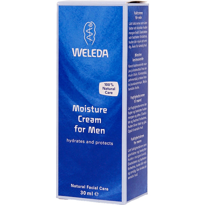 Weleda Moisture Cream For Men 30 ml kosteuttava miesten kasvovoide sinisessä 100% Natural Care kartonkipakkauksessa.