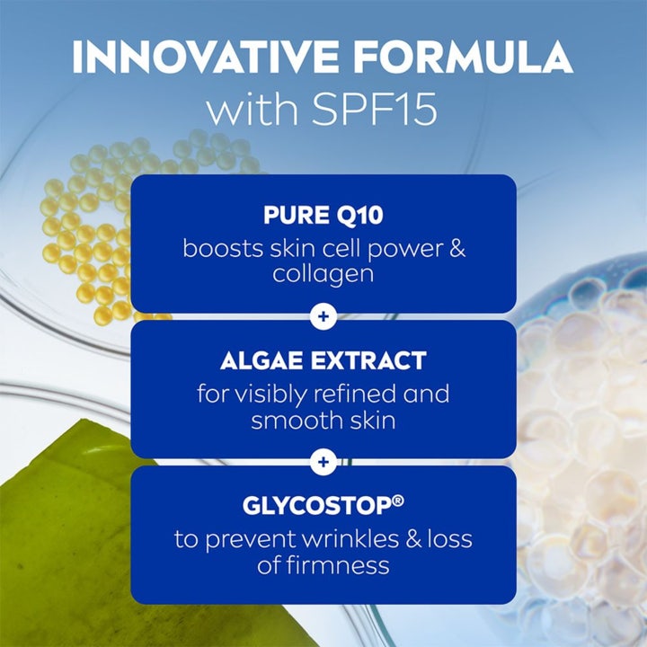 NIVEA Q10 Power Pore Minimising Day Cream 50 ml supistava päivävoide naisen kasvoilla poistaa iholta kiiltoa.