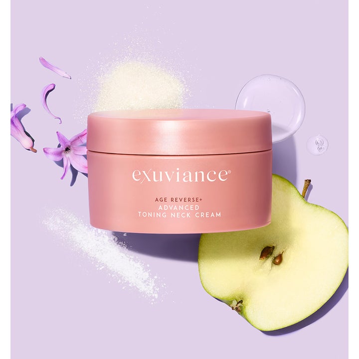 Exuviance Age Reverse Toning Neck Cream 125 g kiinteyttävä kaulavoide vaaleanpunaisessa purkissa päärynän kera