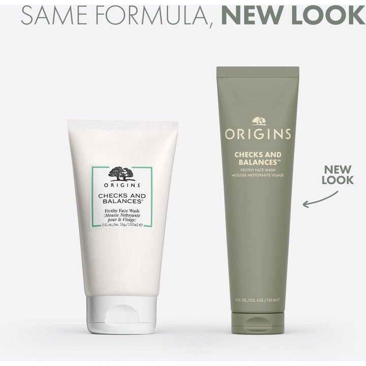 Origins Checks and Balances 150 ml puhdistusaine uudessa vihreässä ja vanhassa valkoisessa tuubissa.