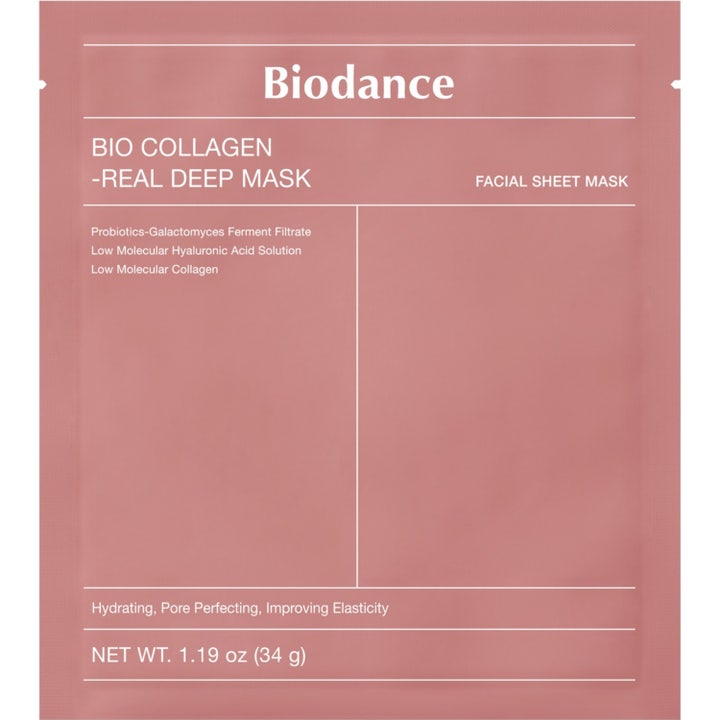 Biodance Bio Collagen Real Deep Mask 34 g kiinteyttävä kangasnaamio vaaleanpunaisessa sachet-pakkauksessa