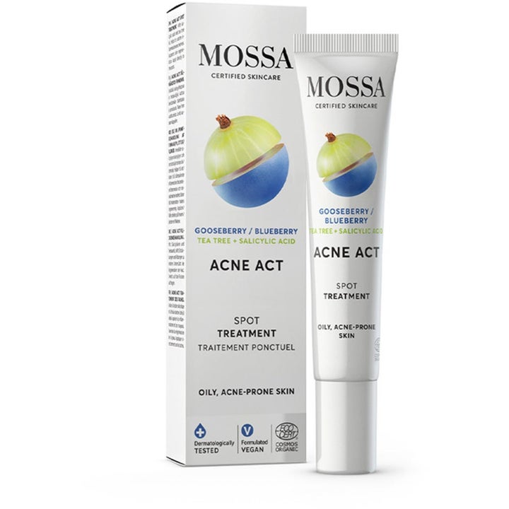 MOSSA Acne Act Spot Treatment 160 ml aknehoito salisyylihapolla valkoisessa tuubissa ja pakkauksessa.