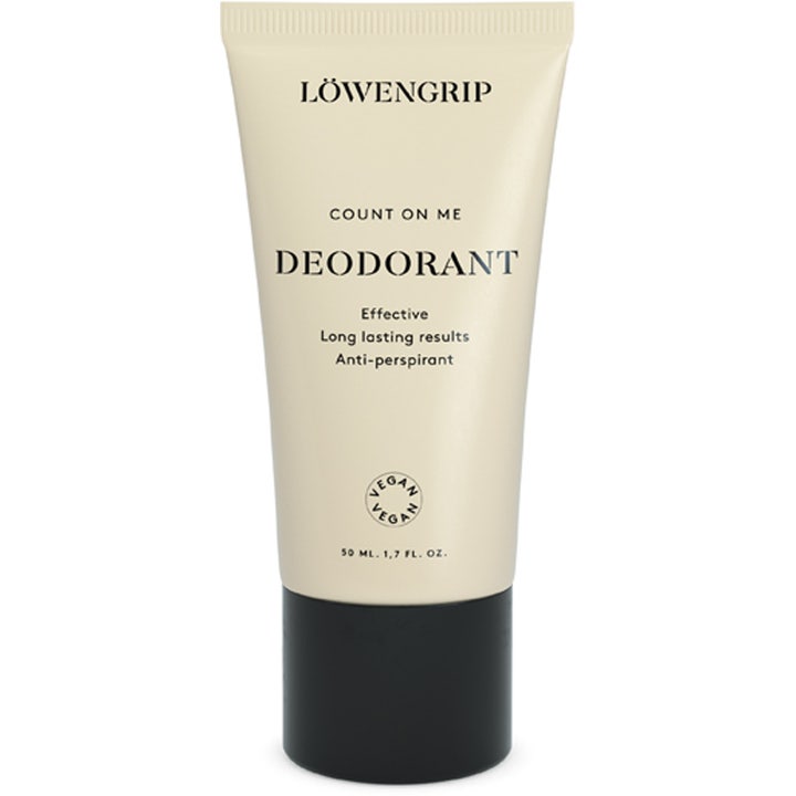 Löwengrip Count On Me Deodorant 50 ml pitkäkestoinen antiperspirantti vaaleassa tuubissa mustalla korkilla.