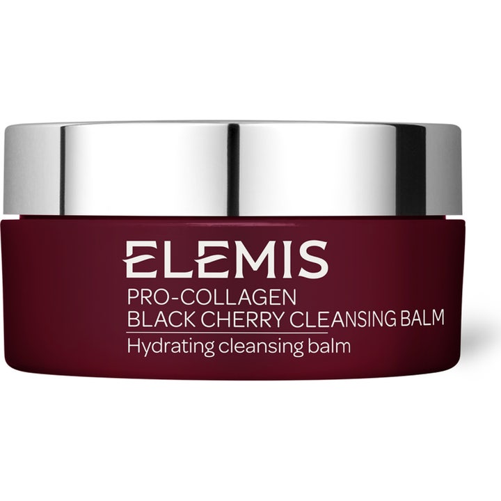 Elemis Pro-Collagen Black Cherry Cleansing Balm 100 g kosteuttava puhdistusvoide tummanpunaisessa hopeakantisessa purkissa.