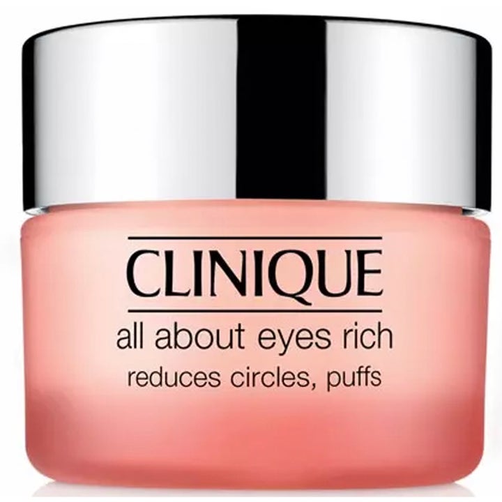 Clinique All About Eyes Rich 15 ml silmänympärysvoide vähentää turvotusta vaaleanpunaisessa hopeakantisessa lasipurkissa