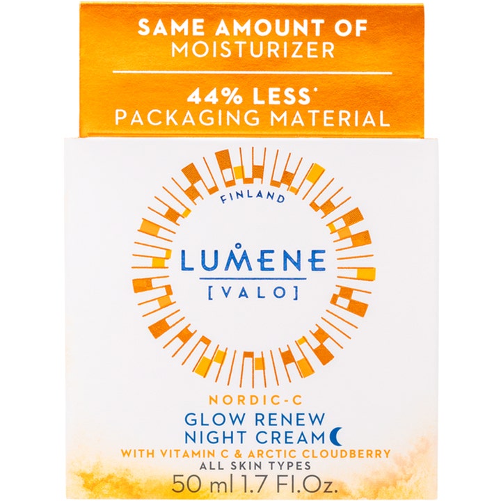 Lumene Nordic-C Glow Renew Night Cream 50 ml kirkastava yövoide valkoisessa pakkauksessa, jossa on oranssi aurinkokuvio.