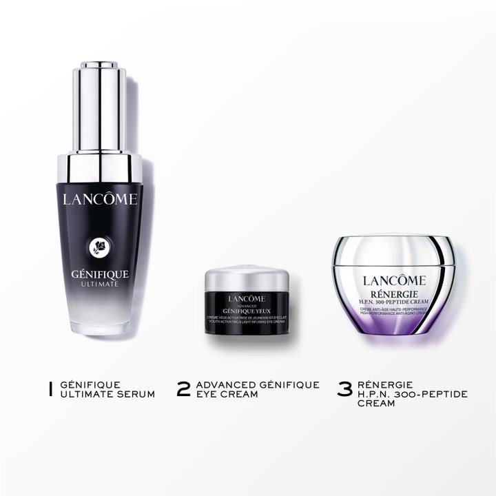 Lancôme Génifique Routine Set 1 kpl nuorentava setti sisältää seerumin, silmänympärysvoiteen ja hopeisen kasvovoiteen.