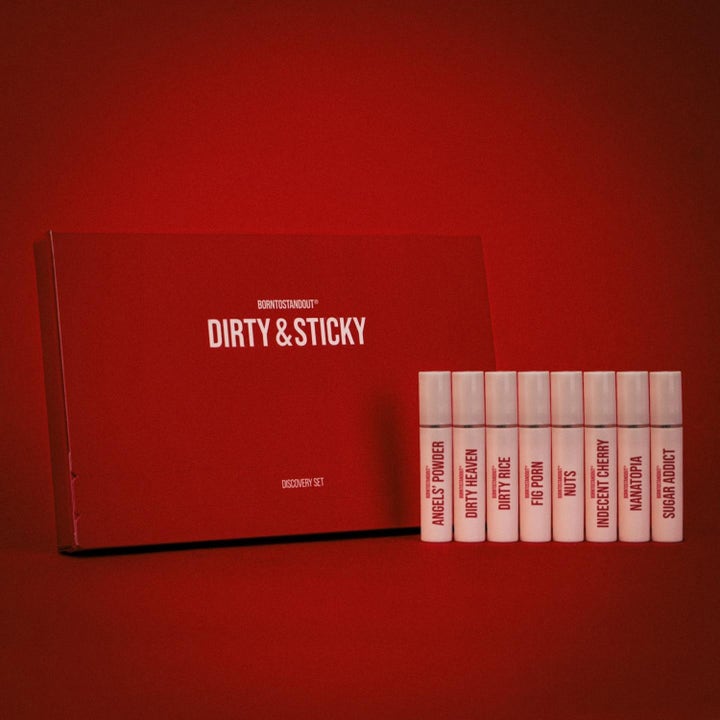 BornToStandOut Dirty & Sticky Discovery Kit 8x 2 ml tuoksusetti punainen laatikko ja kahdeksan valkoista näytepulloa