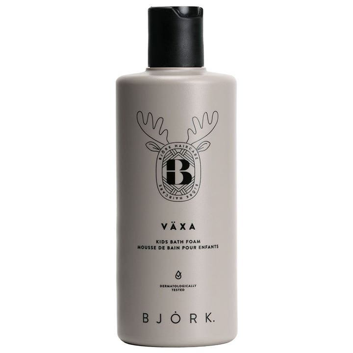 Björk VÄXA Kids Bath Foam hellävarainen kylpyvaahto lapsille harmaassa muovipullossa jossa on musta korkki ja hirvilogo