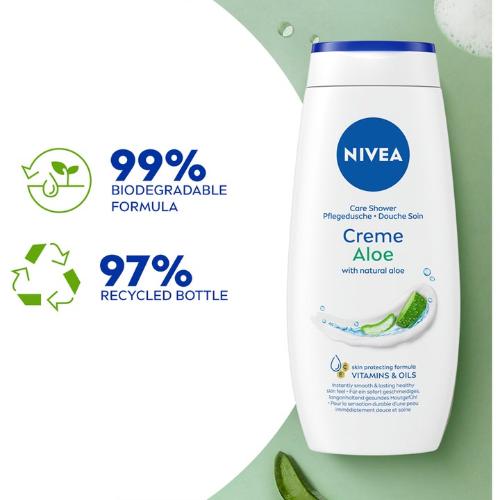 NIVEA Shower Summer Creme Aloe 250 ml suihkugeeli ja infografiikka 99 % biohajoavasta koostumuksesta.