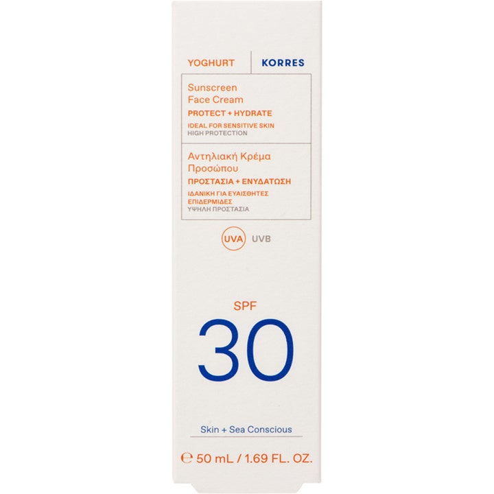 Korres Yoghurt Face Sunscreen 50 ml kosteuttava kasvoaurinkovoide valkoisessa pahvipakkauksessa SPF 30