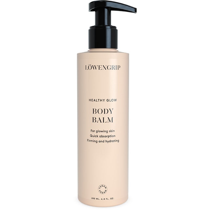 Löwengrip Healthy Glow Body Balm 200 ml kiinteyttävä ja heleyttävä vartalovoide vaaleanbeigessä pullossa mustalla pumpulla