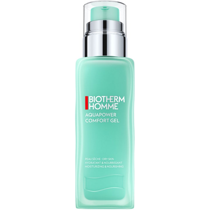 Biotherm Homme Aquapower Comfort Gel 75 ml kosteuttava kasvogeeli kuivalle iholle vaaleanvihreässä pumppupullossa