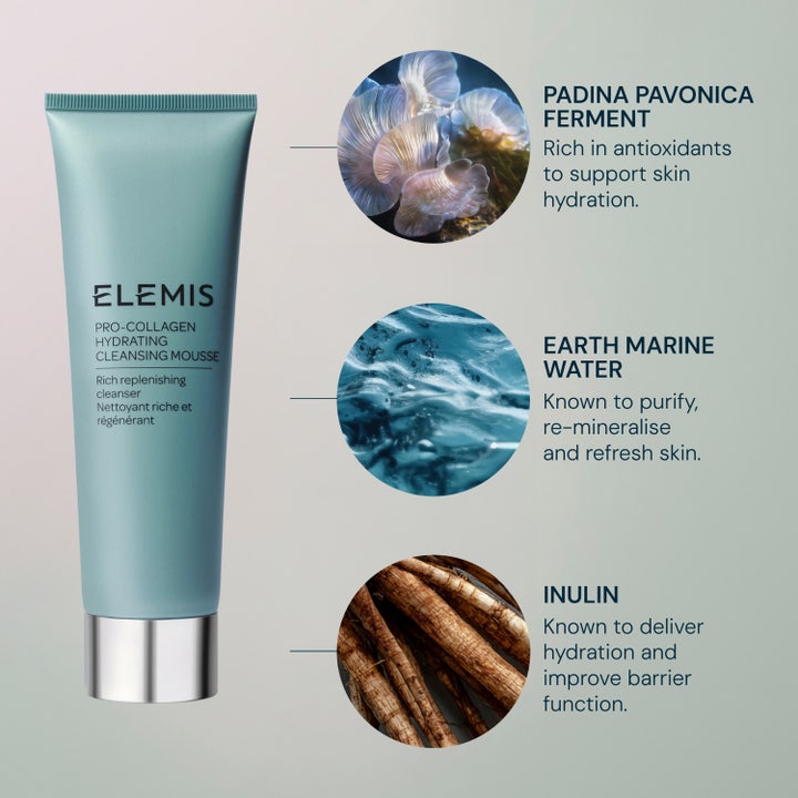 Elemis Pro-Collagen Hydrating Cleansing Mousse 125 ml kosteuttava puhdistusvaahto ja sen ihoa vahvistavat ainesosat.