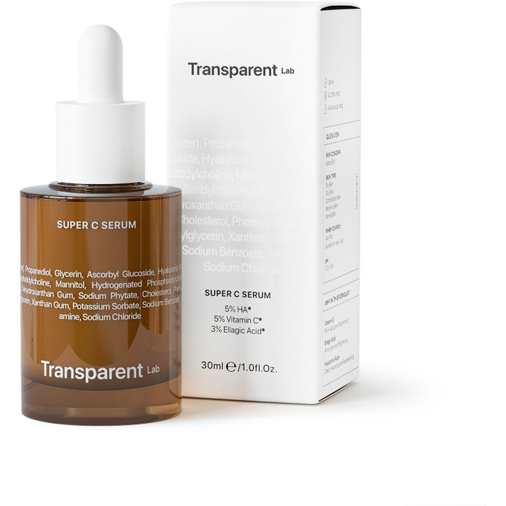Niche Beauty Lab Transparent Lab Super C Serum 30 ml kirkastava seerumi ruskeassa lasipullossa ja pakkauksessa