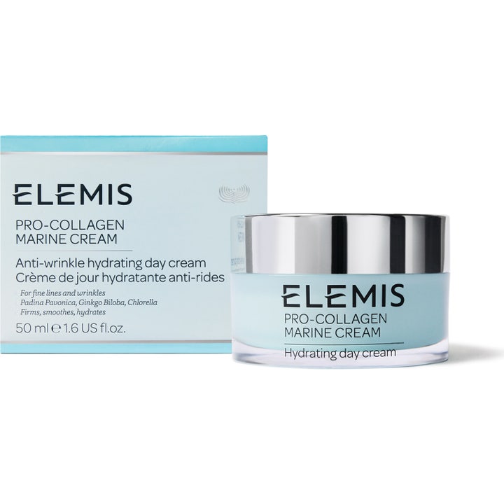 Elemis Pro-Collagen Marine Cream 50 ml silottava päivävoide vaaleansinisessä purkissa hopeisella korkilla ja pakkauksella.