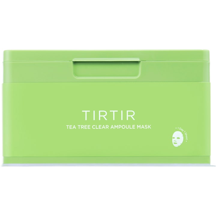 TIRTIR Tea Tree Clear Ampoule Mask 310 g rauhoittava kangasmaski vaaleanvihreässä rasiassa jossa lukee 1 Day 1 Sheet.