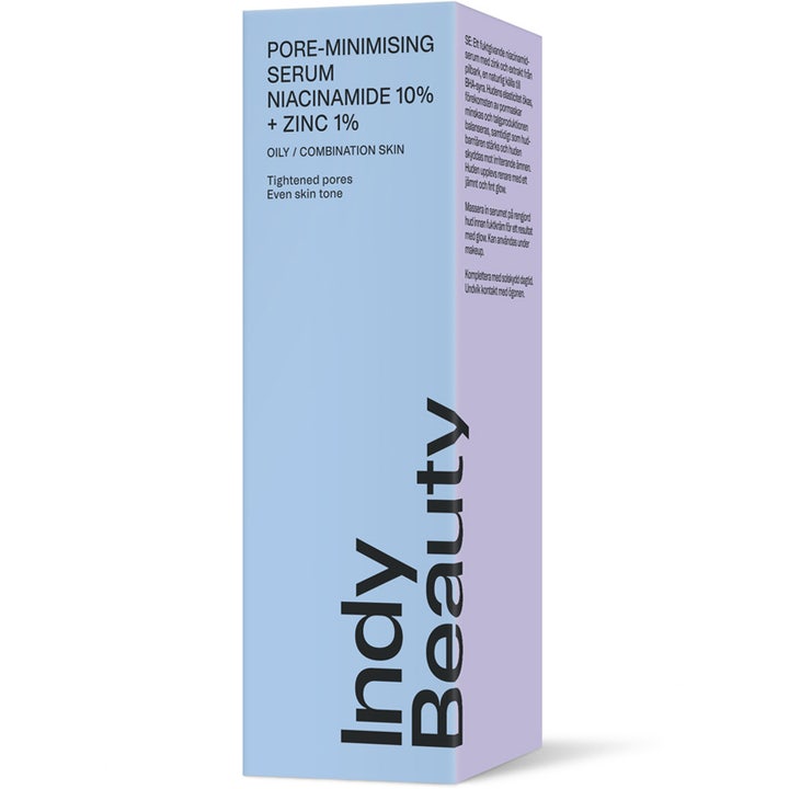 Indy Beauty Pore-minimising Serum 30 ml supistaa ihohuokosia vaaleansinisessä pahvipakkauksessa.