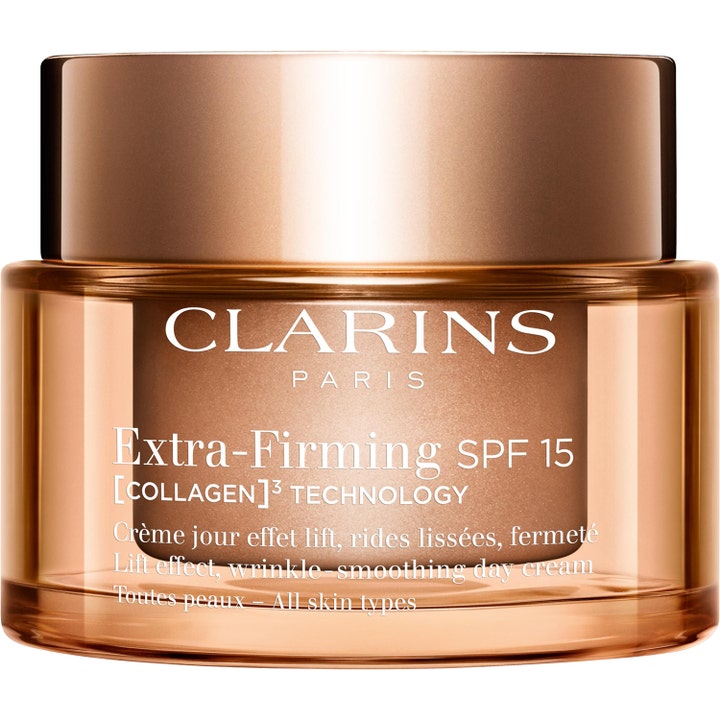 Clarins Extra-Firming SPF 15 50 ml kiinteyttävä päivävoide persikanvärisessä lasipurkissa ruusukultaisella korkilla