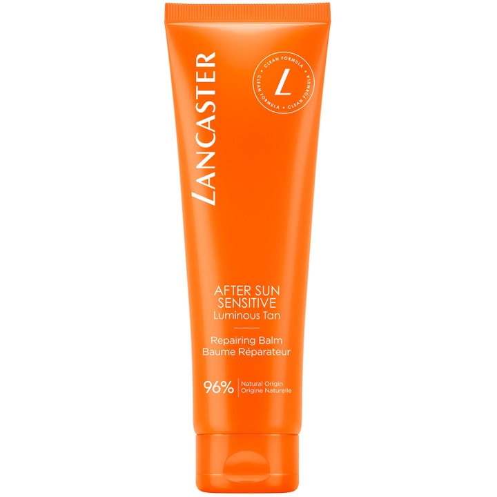 Lancaster After Sun Sensitive Luminous Tan Repairing Balm rauhoittava voide oranssissa muovituubissa.