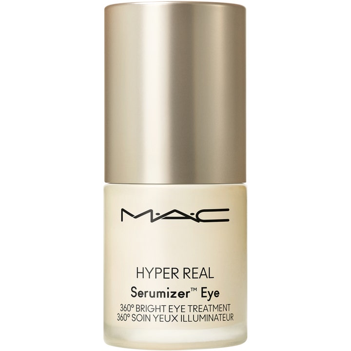 MAC Hyper Real Serumizer Eye 15 ml kirkastava silmänympärysseerumi mattapintaisessa lasipullossa kultaisella korkilla.