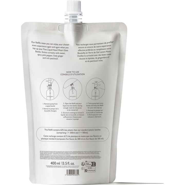 Molton Brown Fiery Pink Pepper Fine Liquid Hand Wash 400 ml täyttöpussi, jonka takana on selkeät kuvalliset käyttöohjeet.